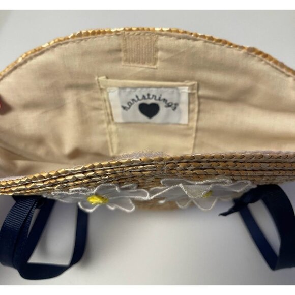 Handwoven Straw Daisy Purse With Adjustable Navy Ribbon Straps & Inner Fabric Li - Picture 3 of 4